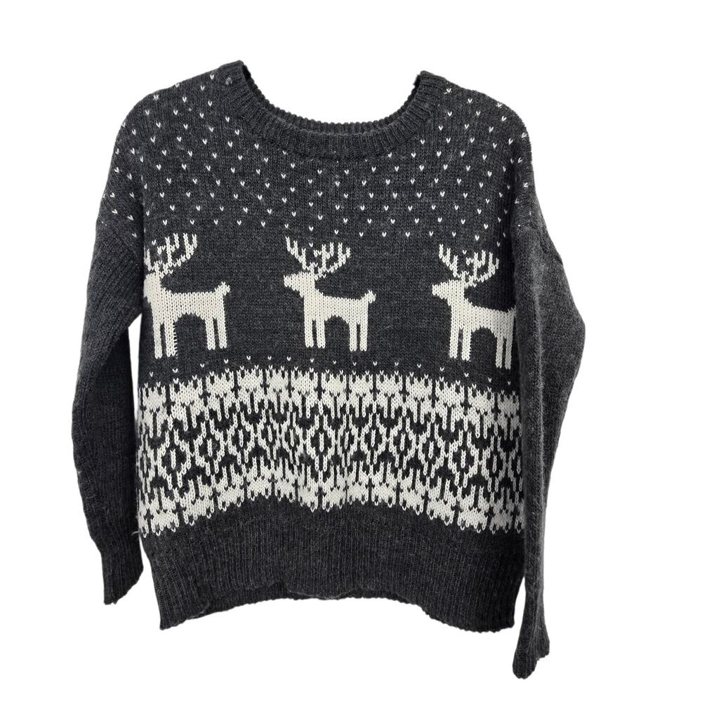 Ruby Moon Reindeer Fair Isle Wool‎ Blend Sweater Womens SM Black White Winter